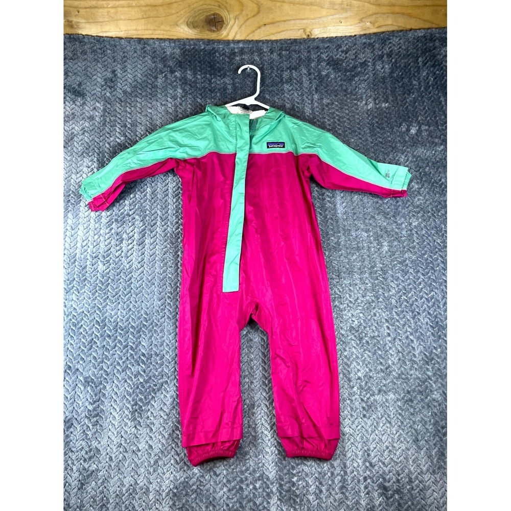 Patagonia Baby Torrentshell One-Piece 12-18M Pink Green Hooded Rain Suit 61130
